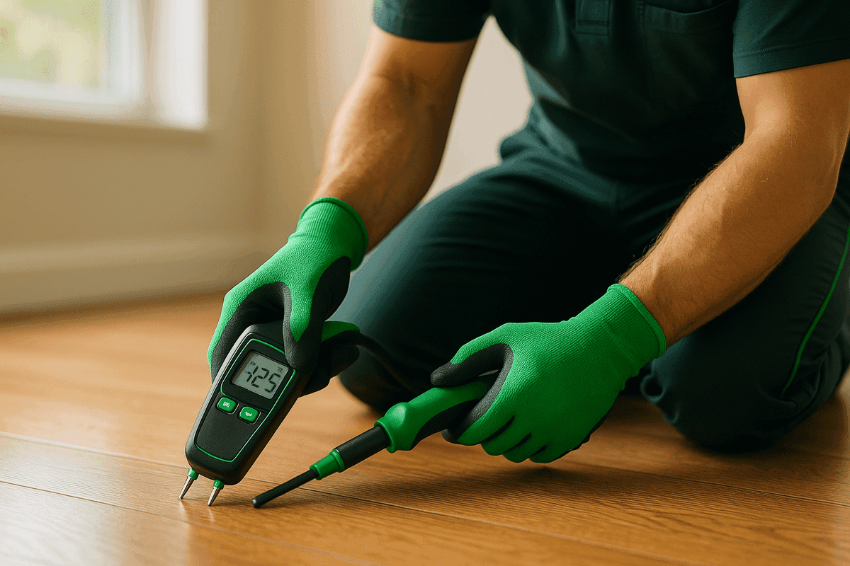 Close-up of technician’s gloved hands using moisture meter on wooden floor indoors