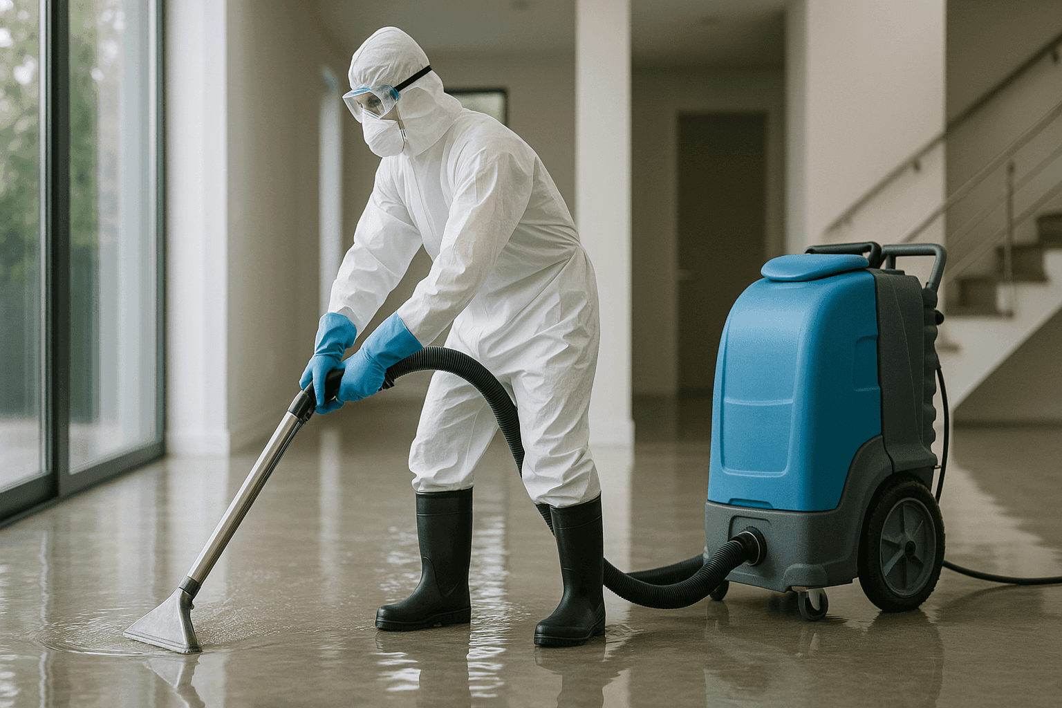 Technician using high-powered water extraction equipment on flooded floor