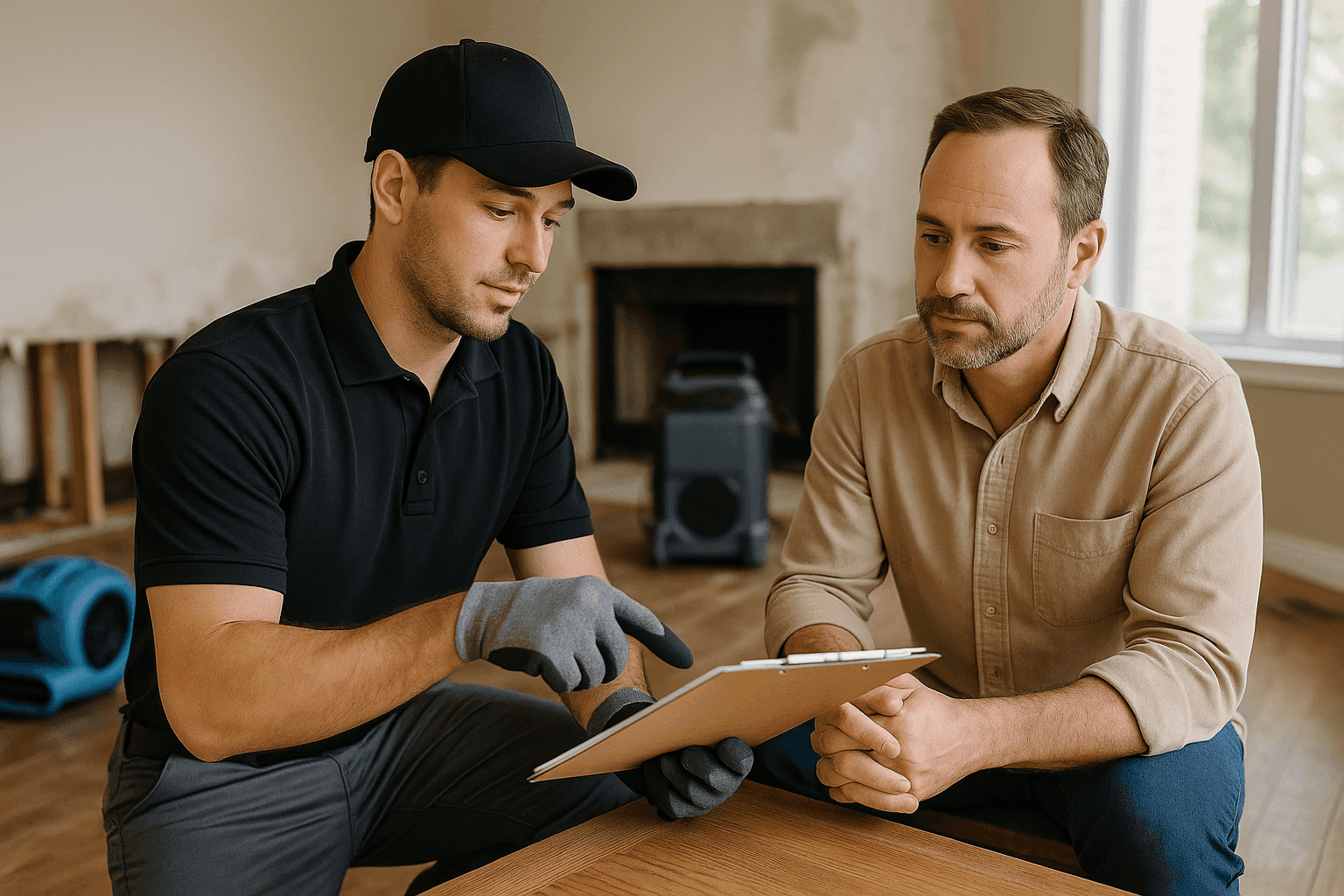 Water damage restoration technician consulting with homeowner inside a damaged home