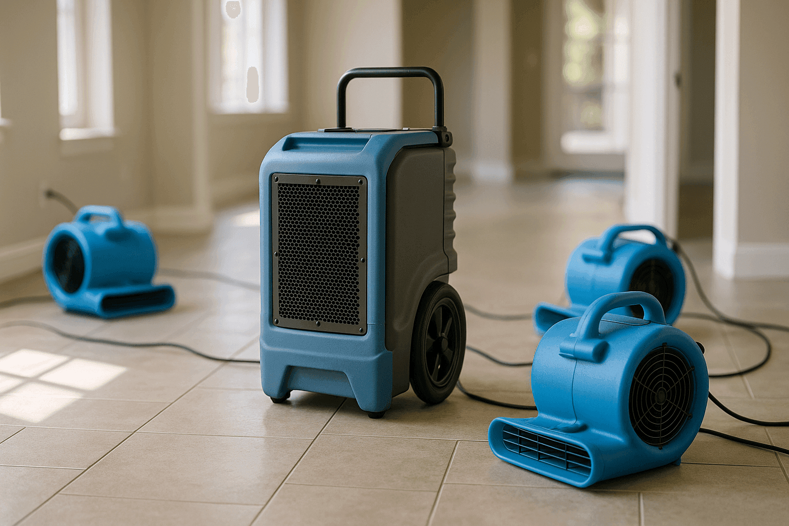 Commercial air movers and dehumidifiers drying floors after water damage