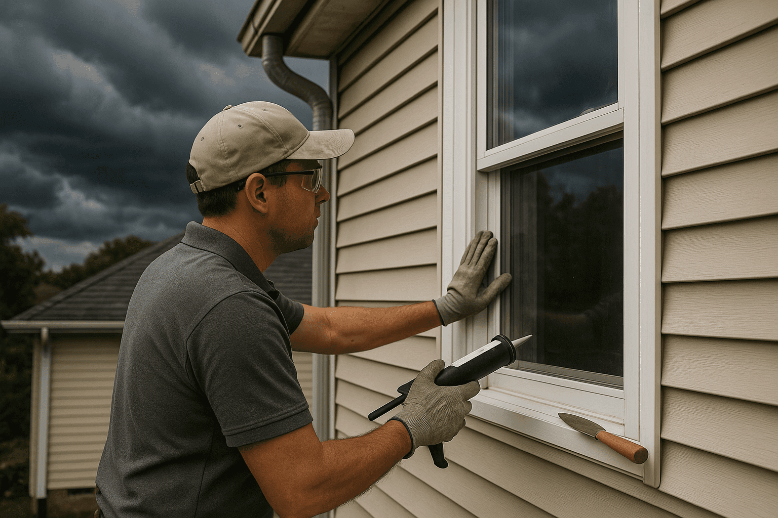 Homeowner sealing windows to prevent water damage before a storm