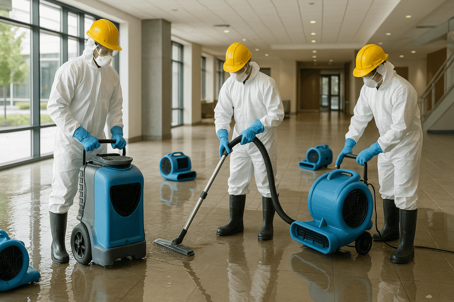 Restoration crew working to dry a flooded commercial lobby after a storm